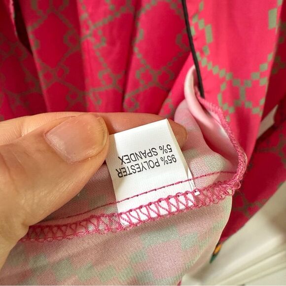DALIA MACPHEE 2pc Satin Geo Print Pajama Top And Pants Set  in Pink and Green L - Picture 9 of 16